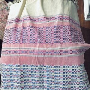 Table Runner, 72x34 hand loomed pink and blue design w/off white fringe. NWOT